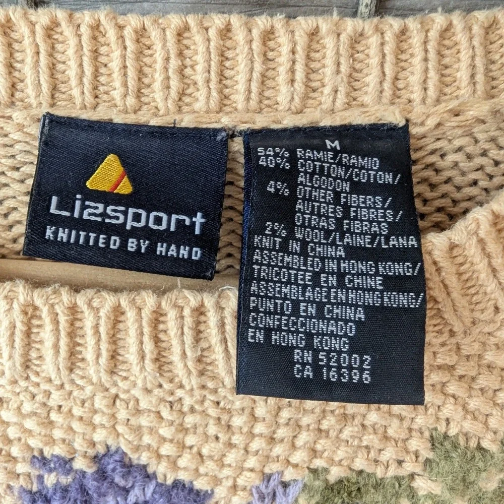 Vtg 90s Lizsport Hand Knitted Floral Sweater Butter Yellow Sz M Cottagecore - Picture 4 of 6